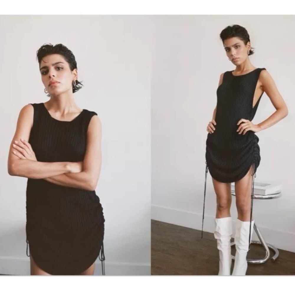 Reformation Black Ruche Knitted Mini Dress